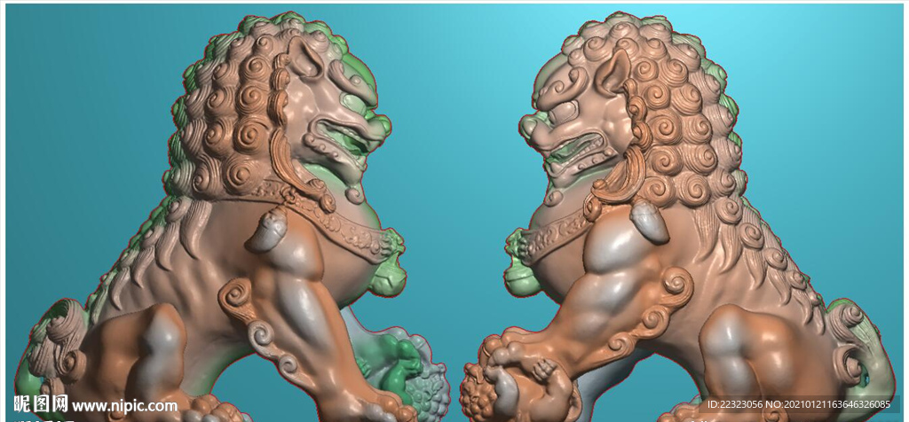 双面石雕仿古狮子精雕图浮雕灰度