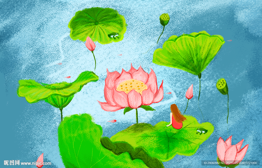 插画荷花荷叶女孩