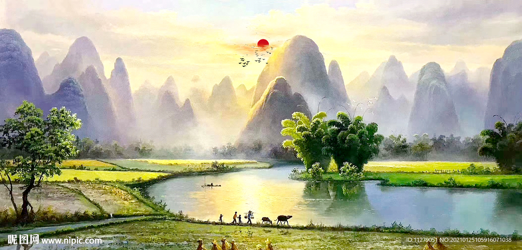 牛群田园风光山水风景画