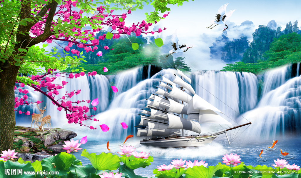 一帆风顺瀑布帆船背景墙装饰画