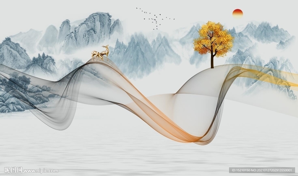 国画山水发财树电视背景墙