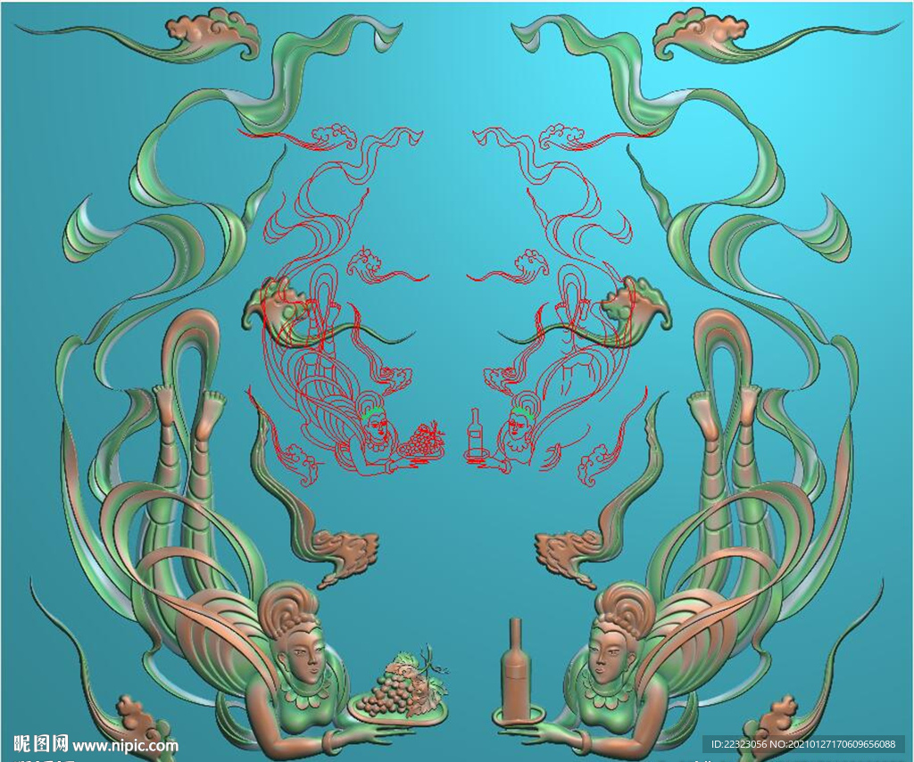 葡萄美酒仙女飞仙精雕图浮雕灰度