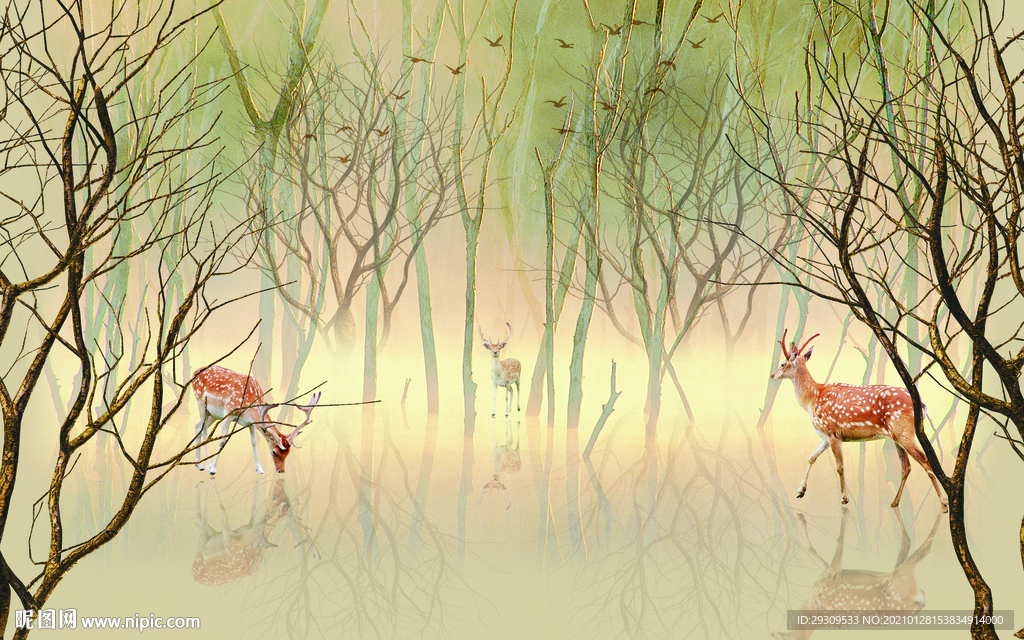 树林麋鹿背景墙