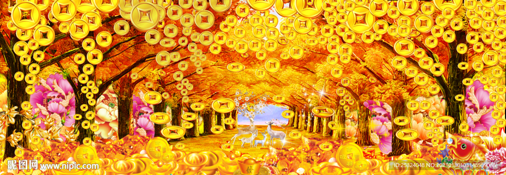 黄金满地金秋大道摇钱树财鹿