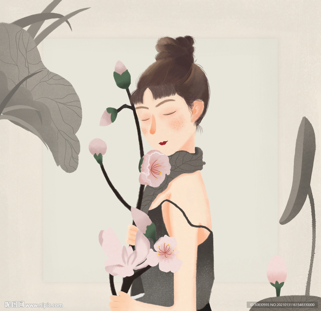 抱花少女  手绘插画