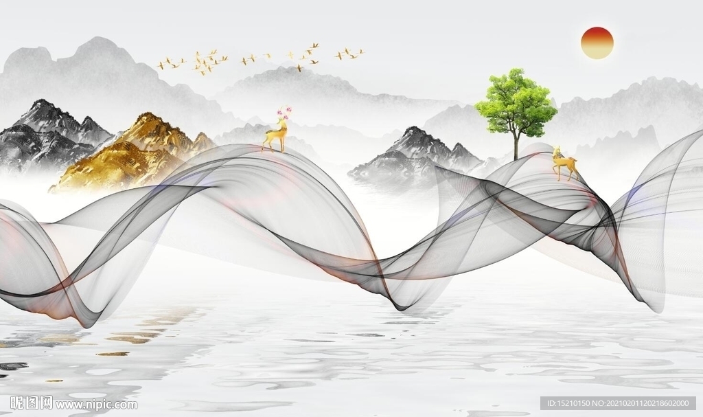 水墨山水发财树电视背景墙