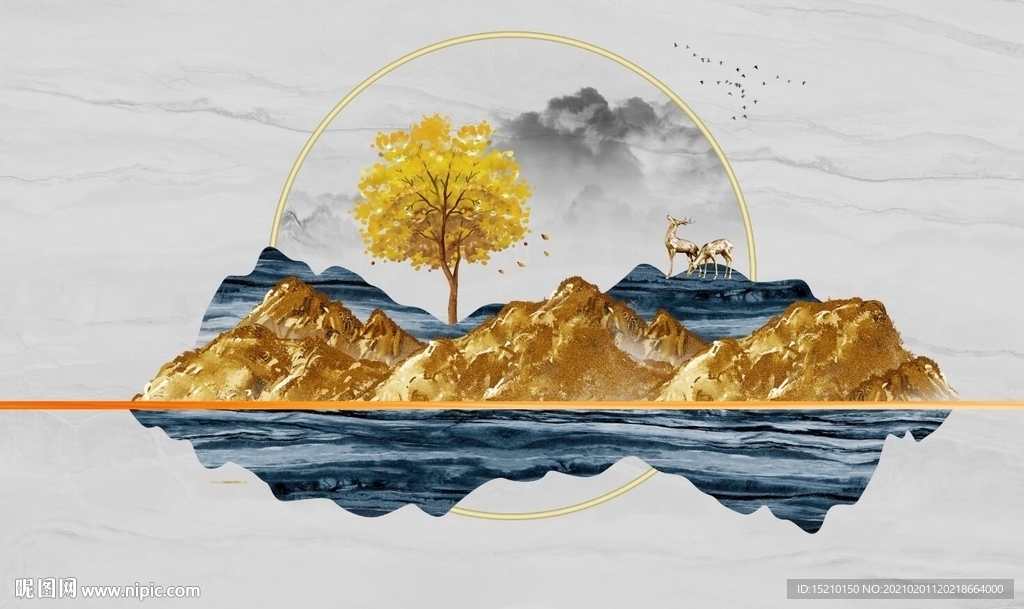 金色山脉发财树电视背景墙