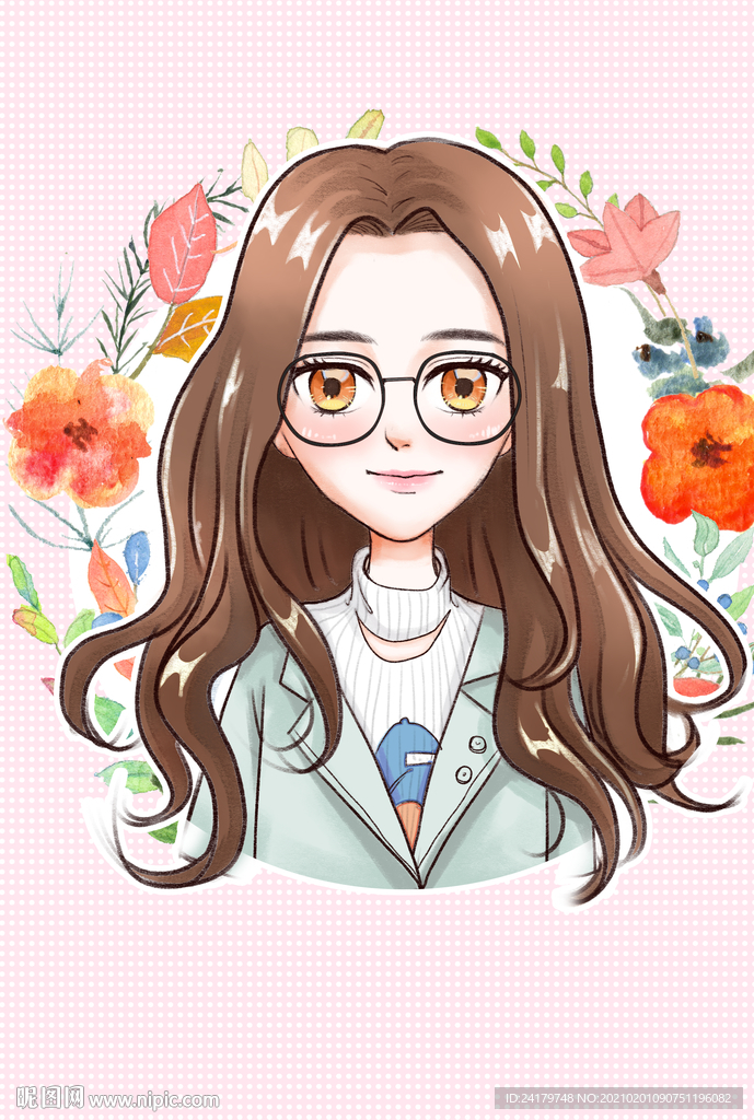 长发戴眼镜美女漫画头像