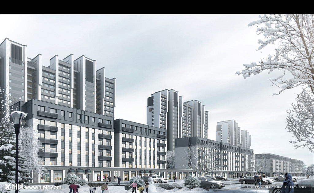 小区住宅别墅雪景效果图