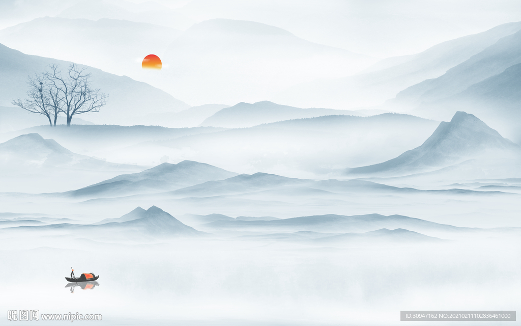 蓝色古风意境山水 TIF分层