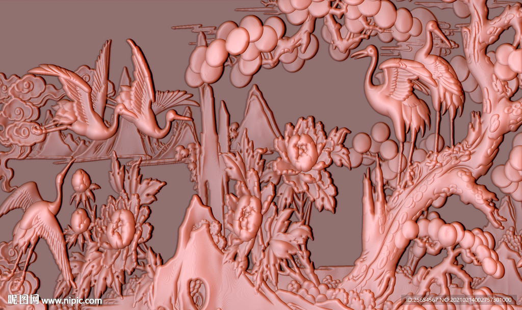 松鹤延年迎客松铜雕背景墙