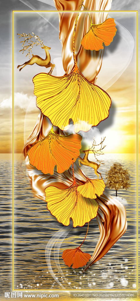 北欧手绘银杏叶子麋鹿装饰画