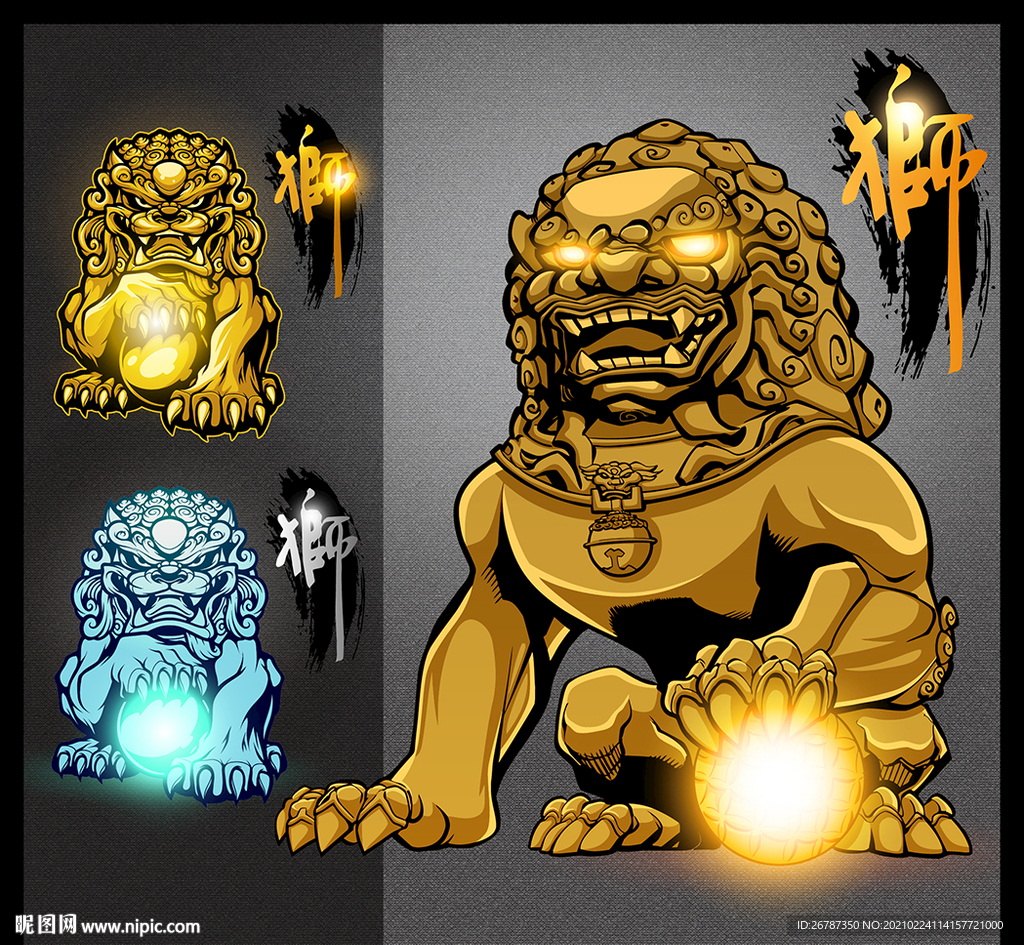 矢量手绘中国古典石狮