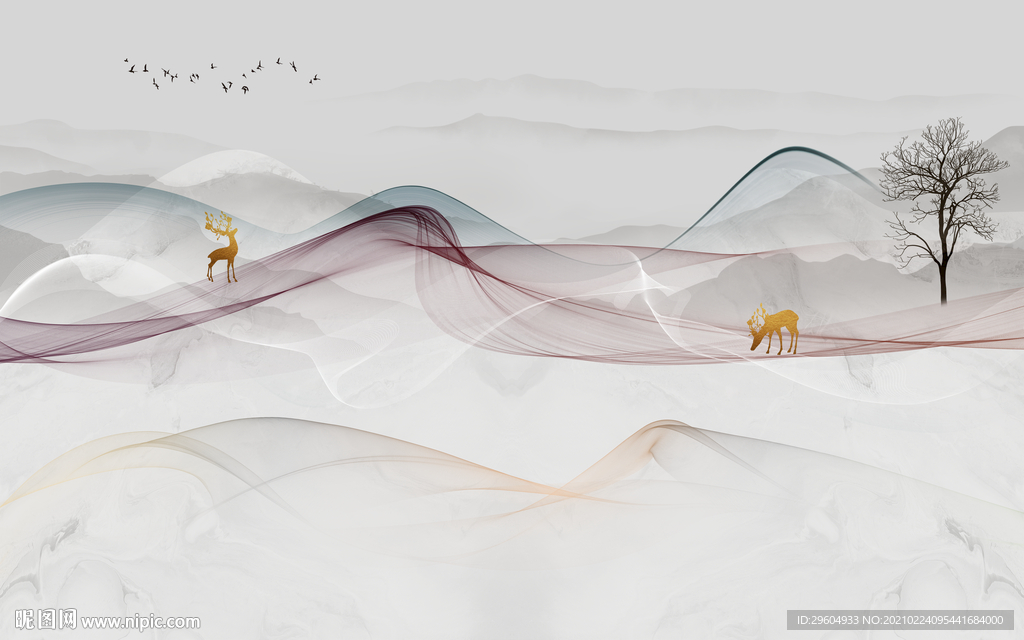 简约 客厅中式山水 tif分层