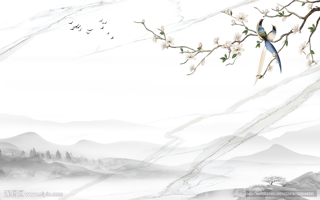 花鸟新山水客厅画 tif分层