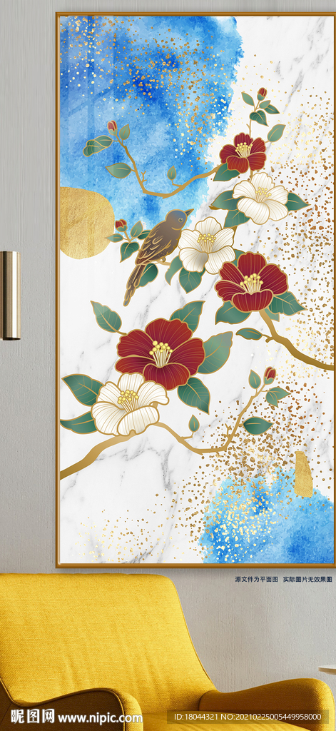 现代花鸟图大理石纹装饰画玄关