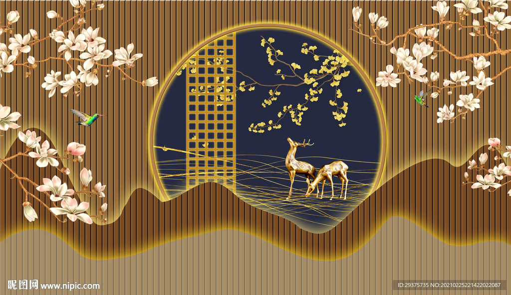 新中式屏风玉兰花鸟麋鹿工装背景