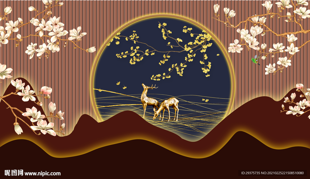 新中式屏风木纹花鸟麋鹿工装背景