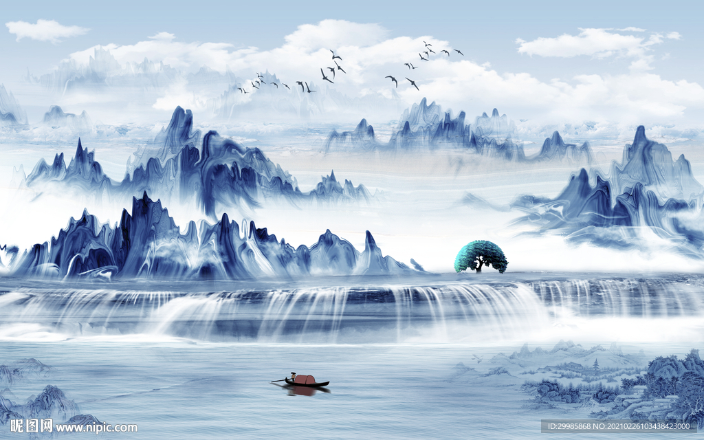 蓝色 客厅山水画 tif分层