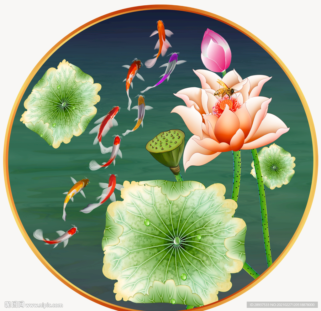 高清鲤鱼荷花园型装饰画