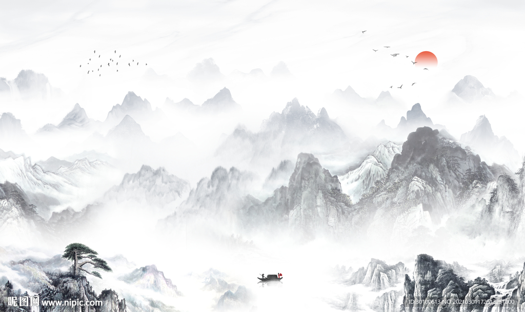 新中式山水画背景墙 TIF分层