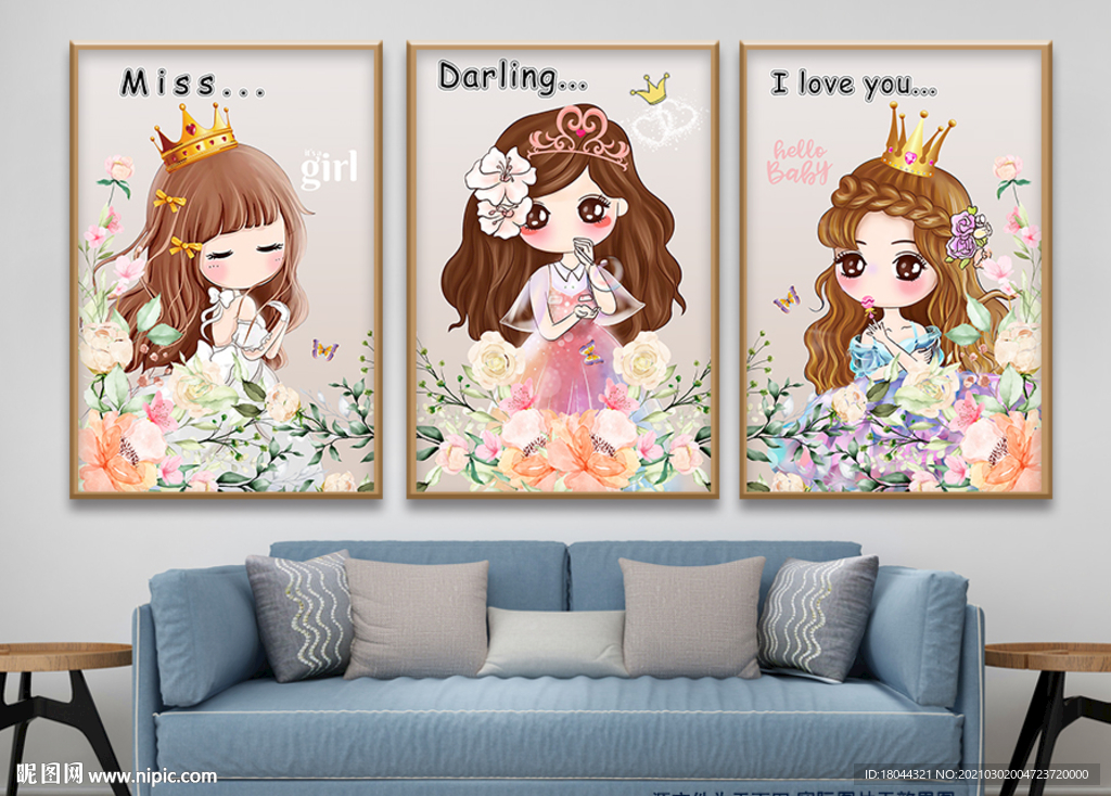 可爱女孩手绘花朵蝴蝶无框画