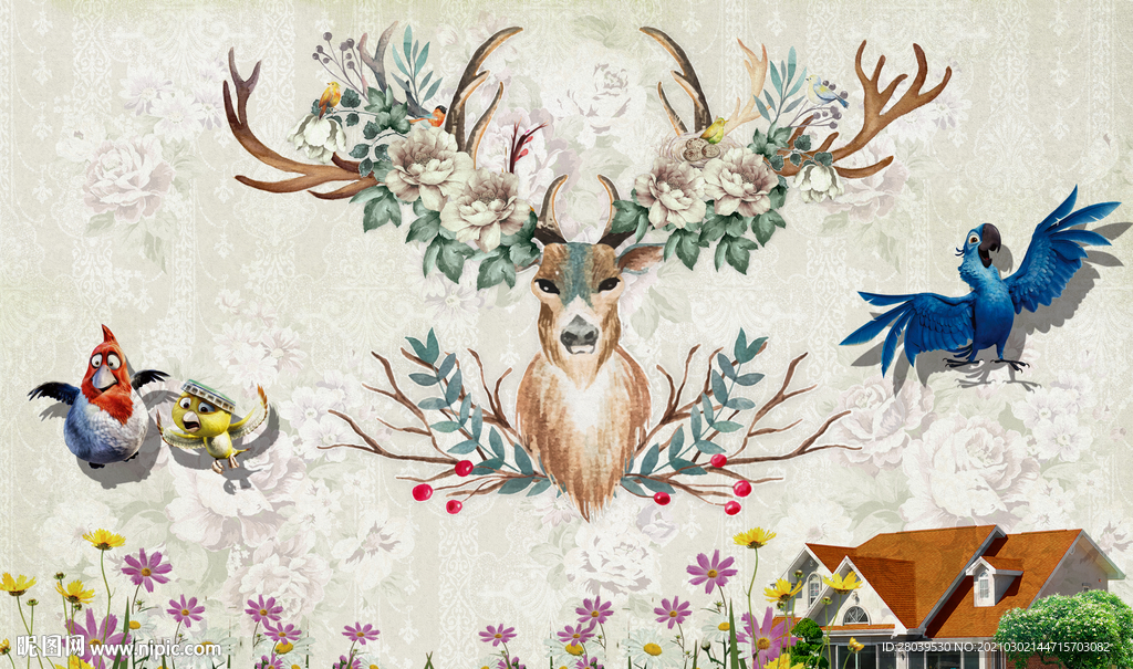 唯美鹿头背景墙