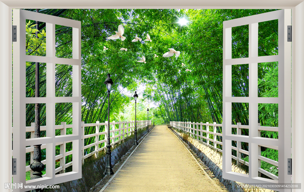 3D立体假窗唯美竹林风景
