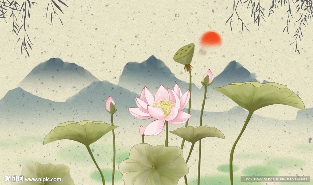 新中式荷花客厅大理石背景墙