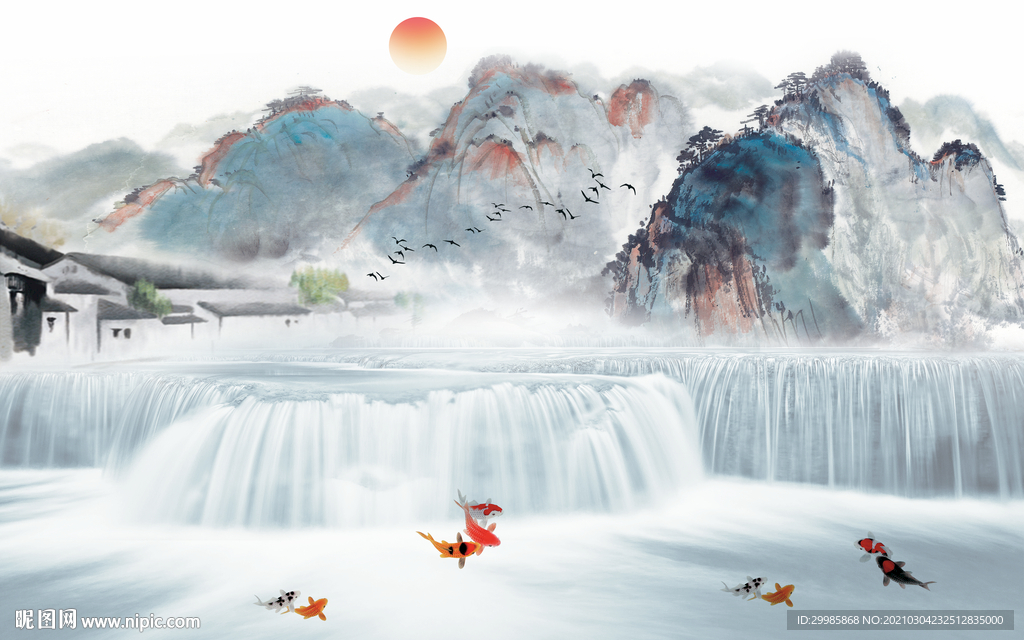 简约背景墙山水画 tif分层