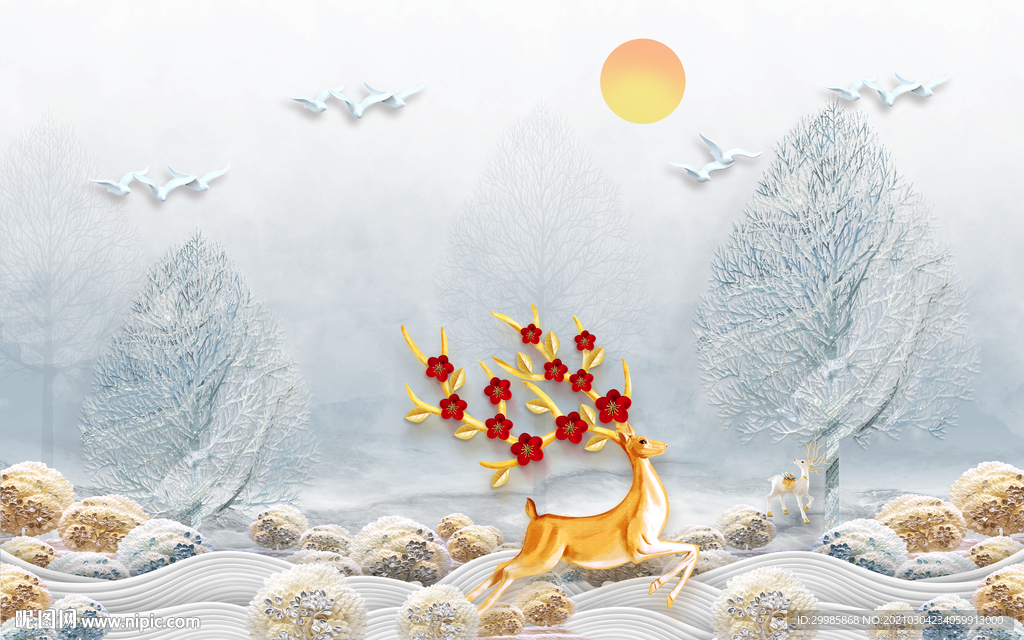 麋鹿背景墙无框画 tif分层