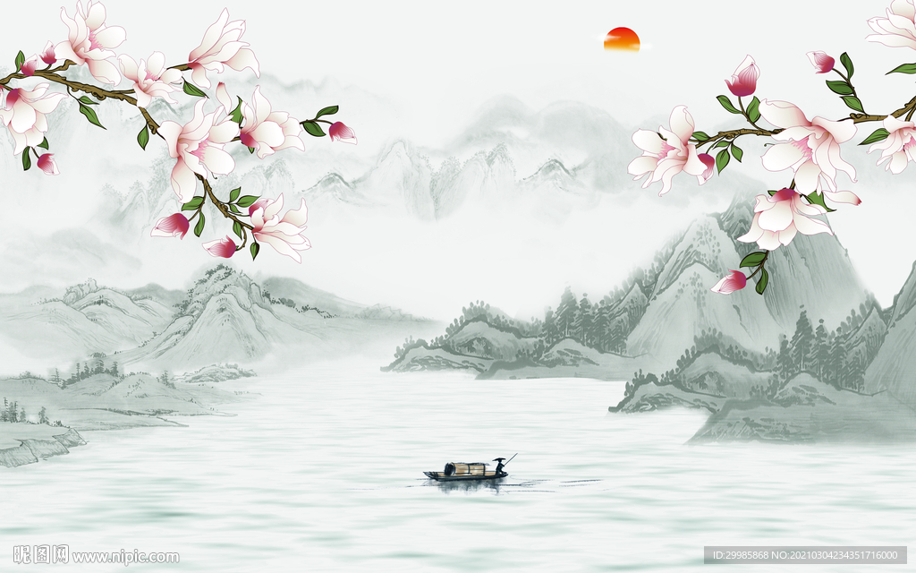 花鸟背景墙山水画 tif分层