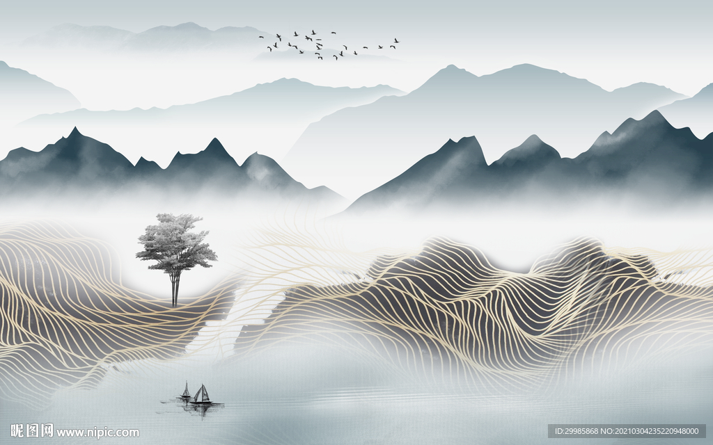 中式 背景墙山水画 tif分层