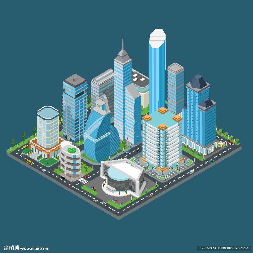 2.5d立体城市建筑卡通手绘插