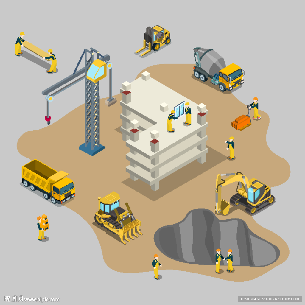 立体2.5D卡通建筑场景工地挖