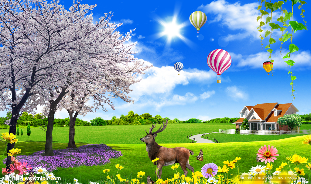 蓝天白云热气球