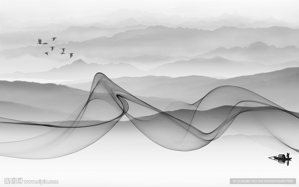 最新山水画背景墙 文件分层