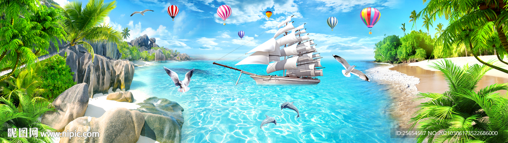 白云海滩椰树海景主题空间背景墙