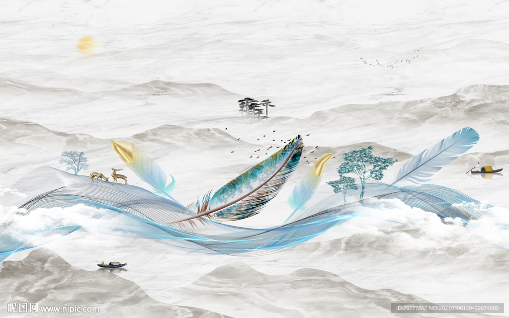 羽毛 意境新山水画 TIF分层