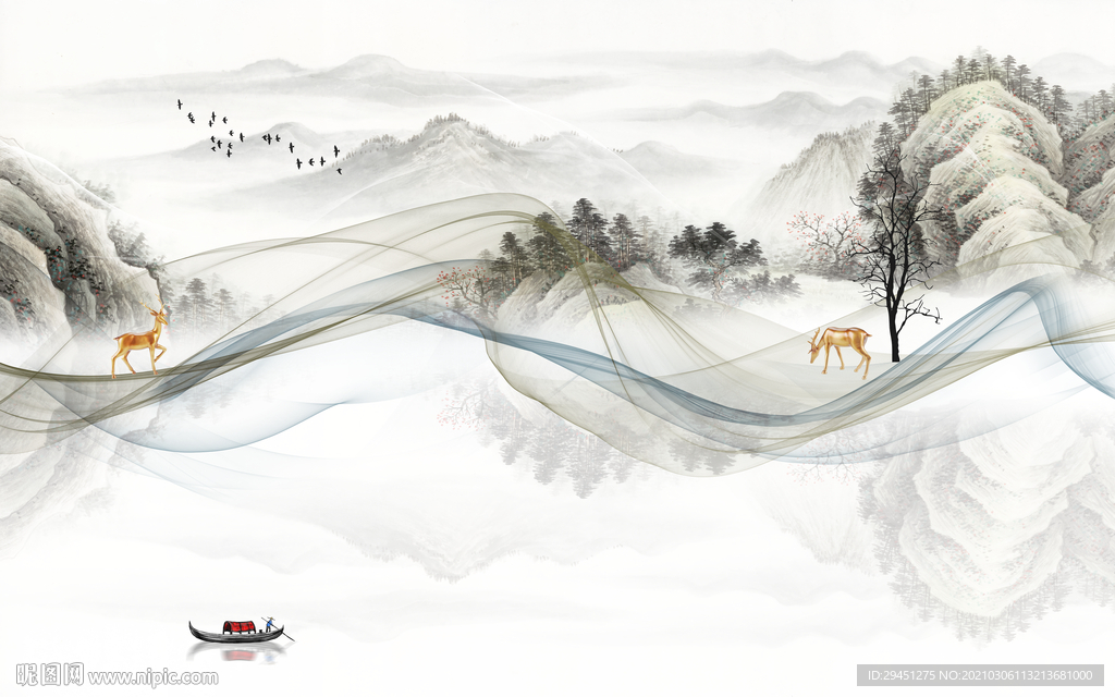 国画客厅简约山水 tif分层