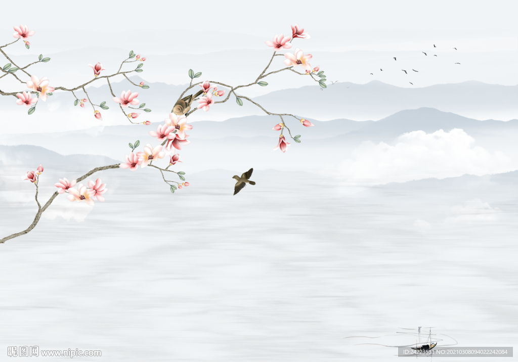 新中式玉兰花鸟玉堂富贵电视背景