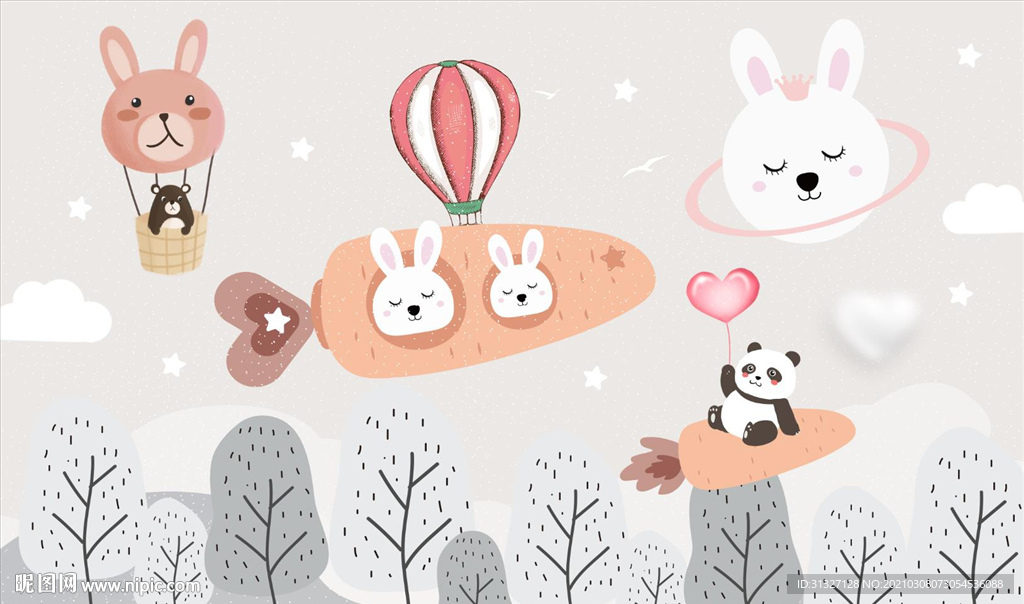 手绘卡通兔子儿童房背景墙图片