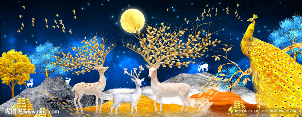 现代简约麋鹿孔雀金色装饰画