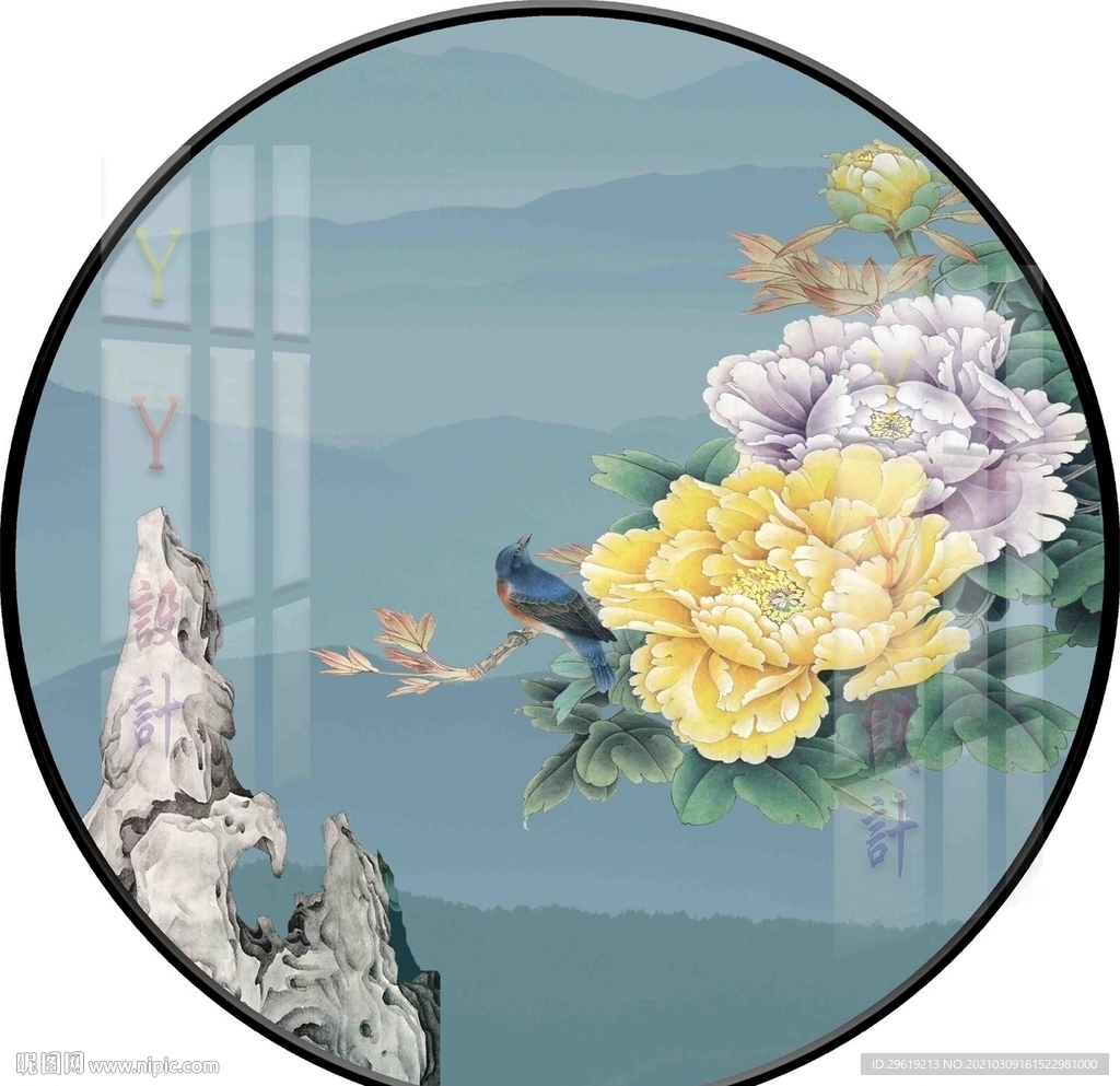 新中式手绘牡丹花鸟圆形装饰画图