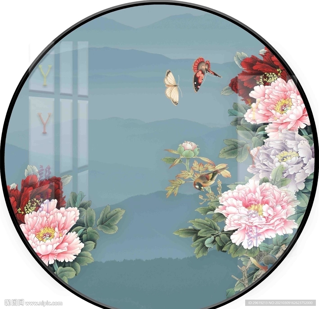 新中式手绘牡丹花鸟圆形装饰画图