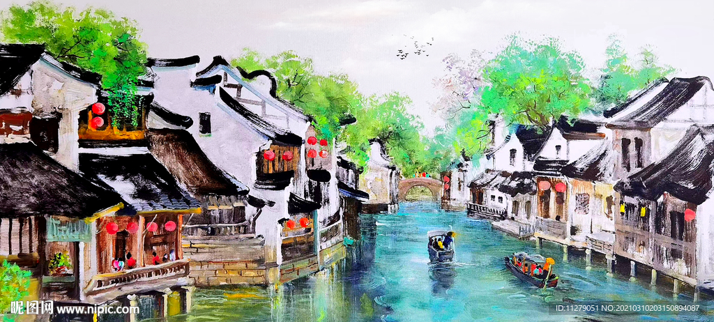 江南水乡油画