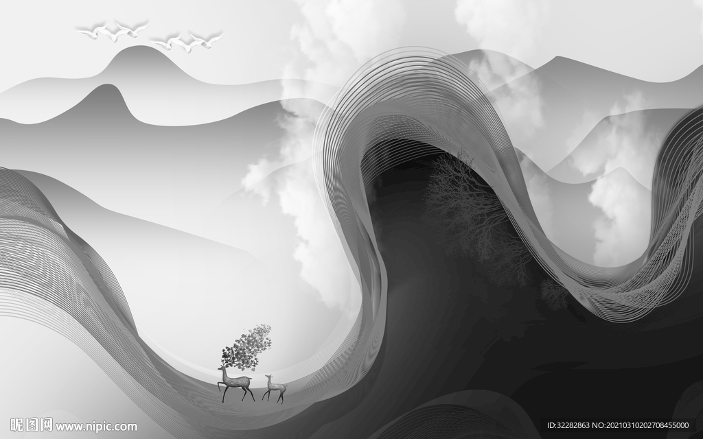 简约人气画山水画 文件分层