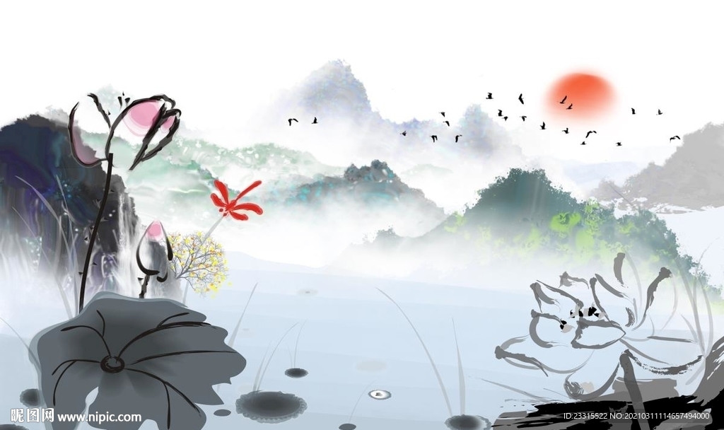 旭日东升荷花中式背景墙