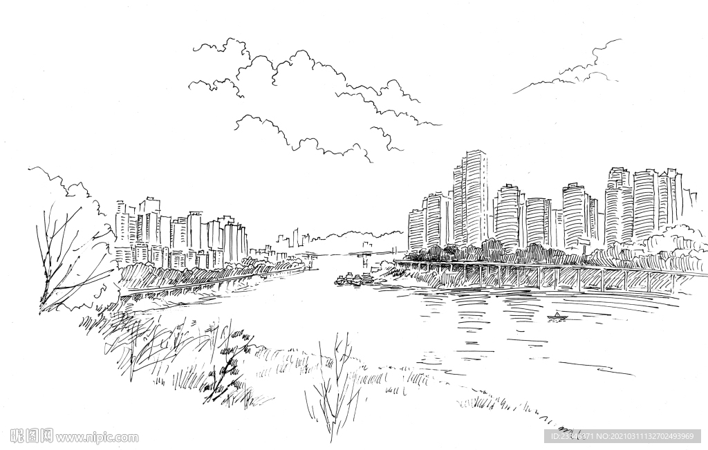 北滨路风景手绘