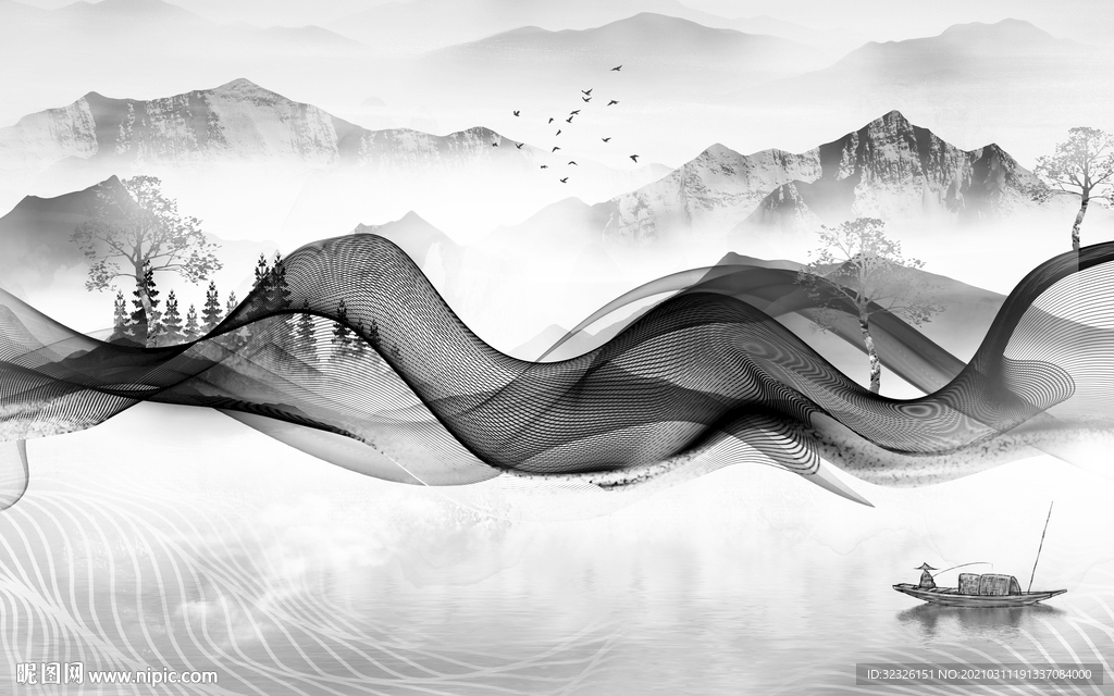 简约新山水背景墙 TIF分层